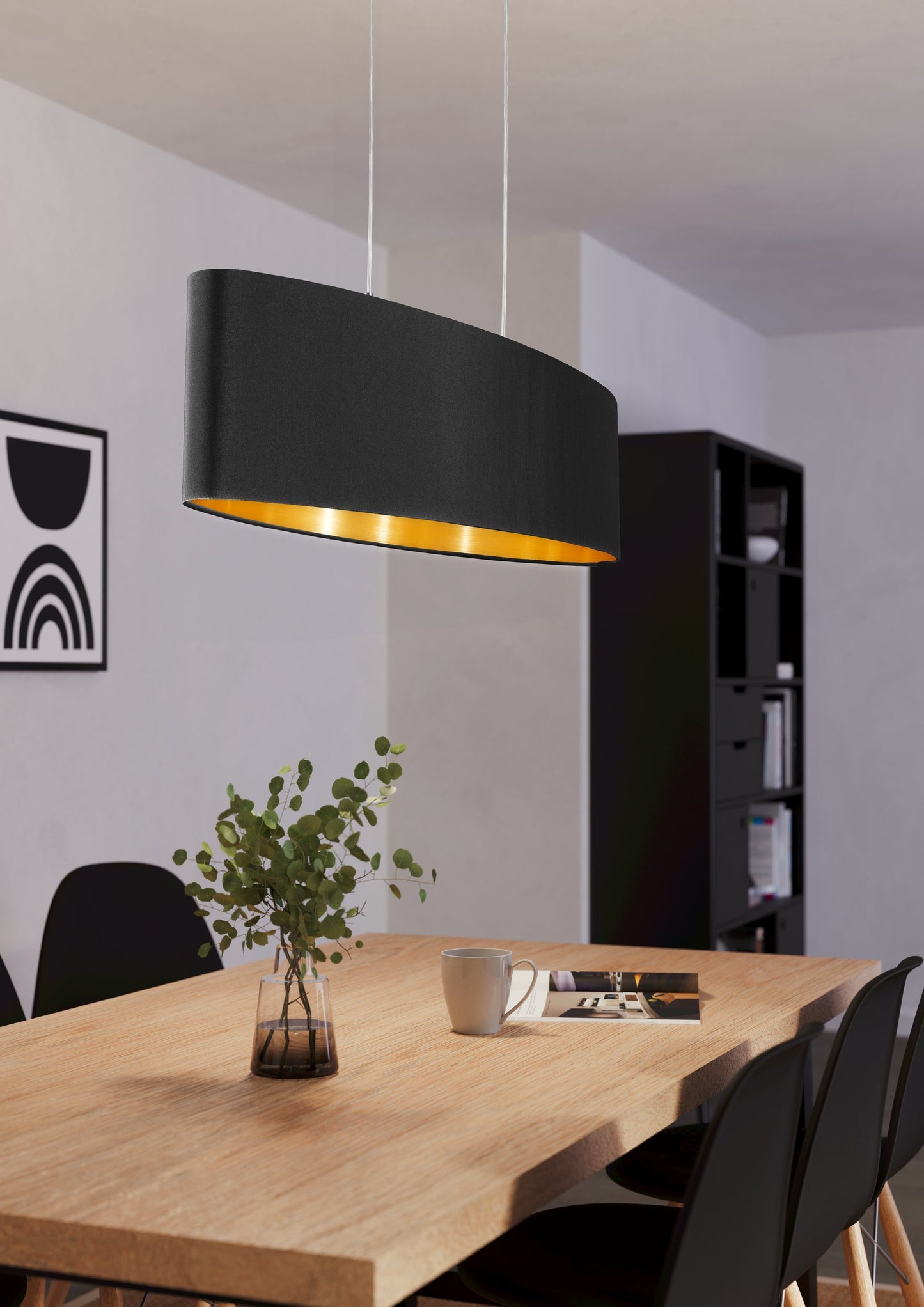 MASERLO LAMP COLG TELA OVALADA NEGRO DORADO L750 2X60W E27
