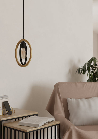 BASILDON LAMP COLG ACERO NEGRO MADERA NAT L190 1X40W E27