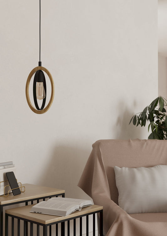 BASILDON LAMP COLG ACERO NEGRO MADERA NAT L190 1X40W E27